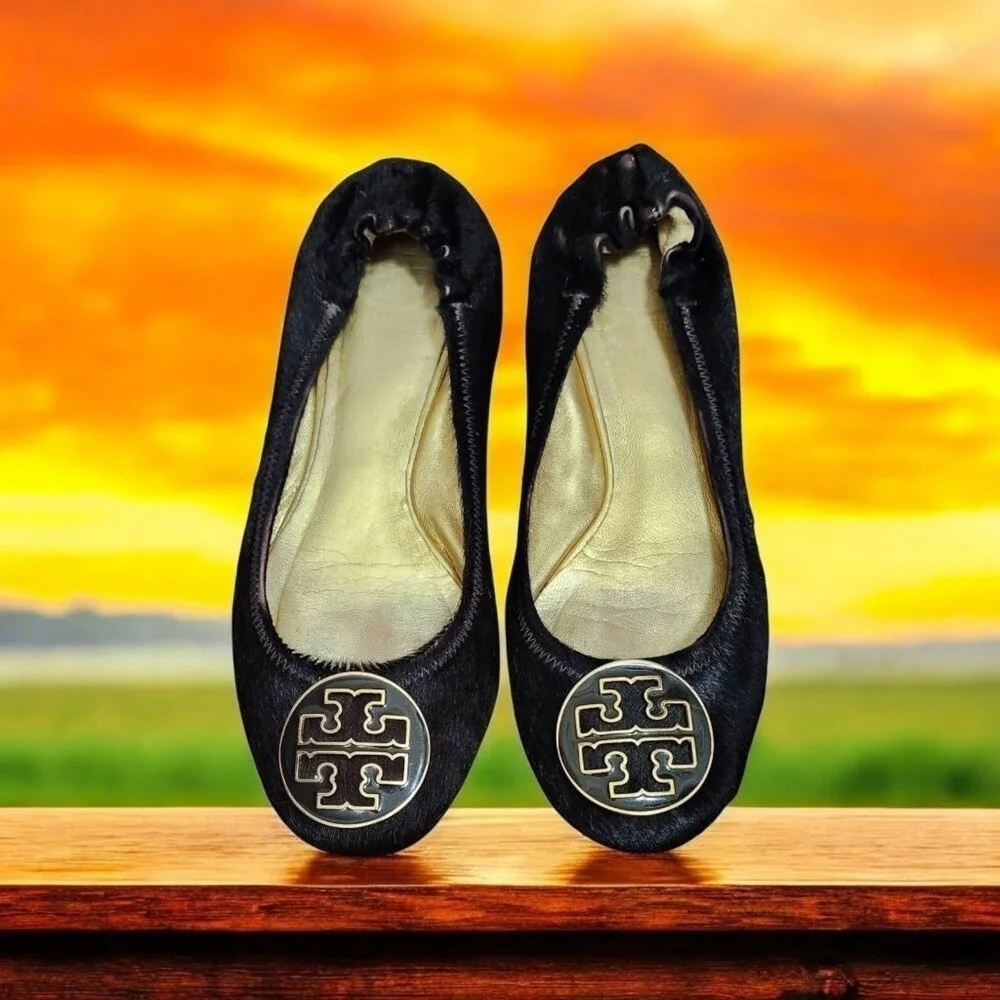 Tory Burch Reva Brown Gold Animal Fur Ballet Flat Womens Size 7 Slip On Ballet